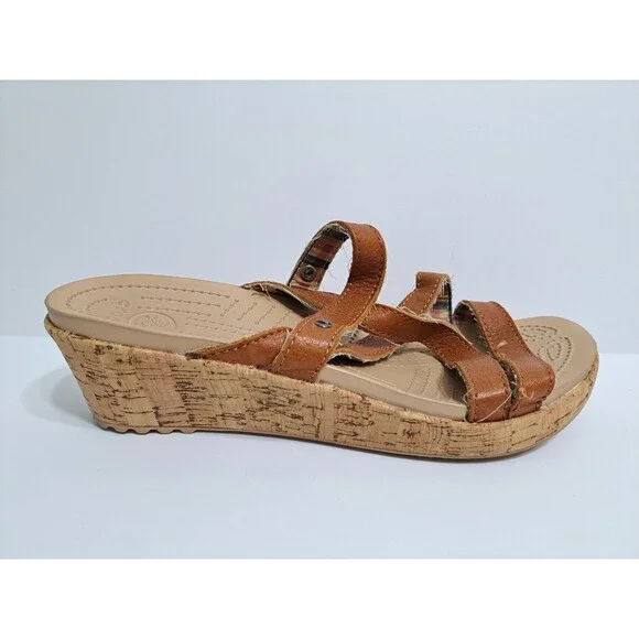 Crocs A-leigh Women's 9 Wedge Sandals Brown Leather Cork Strappy - Picture 4 of 10